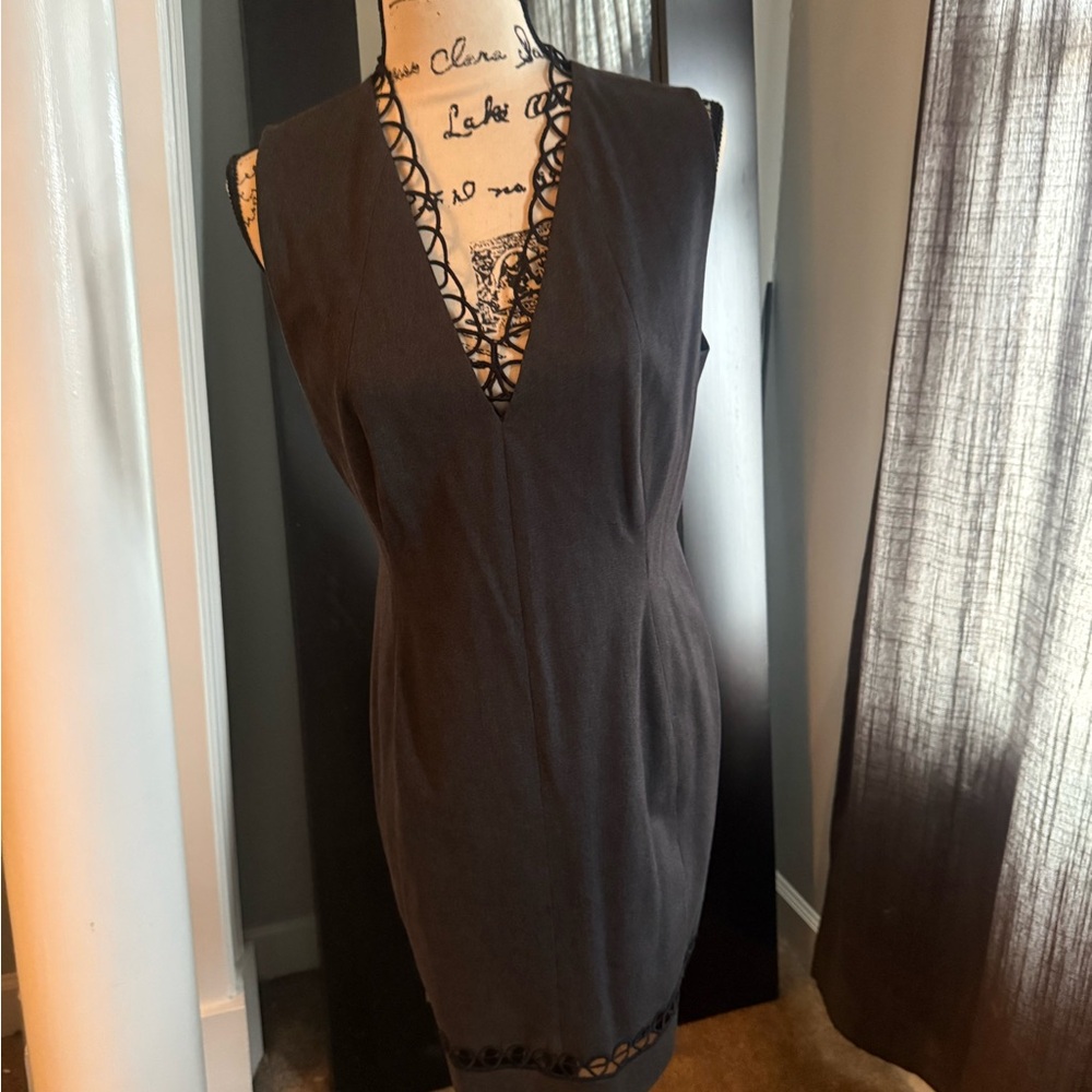 Elie Tahari Charcoal Midi Dress with Lace Trim